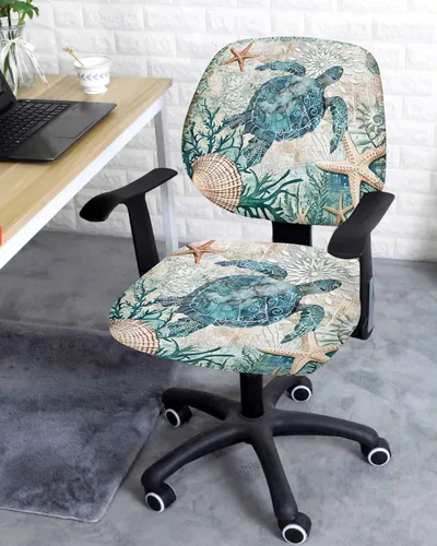 Vista 3 de Vandarllin Funda para silla de oficina, diseño de tortuga marina, elástica, universal, para computadora, diseño de animales marinos, temática
