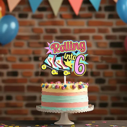 Vista 6 de Decoraciones retro para tartas de patinaje sobre ruedas para cumpleaños de 7 años, decoraciones enrollables, fiesta de cumpleaños de niños y niñas