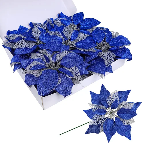 Vista 2 de Juego de 14 flores de Pascua de 8.7 pulgadas de ancho, 4 capas de flores de pascua con purpurina azul para árbol de Navidad, coronas, guirnaldas