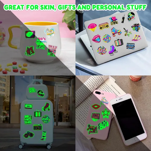 Vista 9 de 96 piezas de tatuajes temporales precortados que brillan en la oscuridad de los años 80 para decoración de fiesta de cumpleaños, suministros