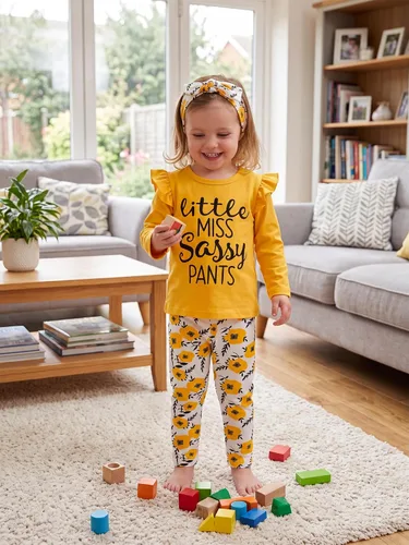 Vista 7 de KuKitty Conjunto de 3 piezas de ropa de bebé niña de manga larga con letras y pantalones casuales y diadema Amarillo