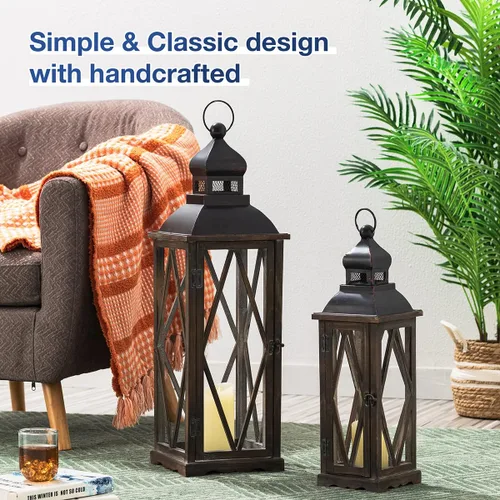 Vista 4 de Glitzhome Juego de 2 faroles decorativos de madera y metal para colgar en el patio, color negro (sin vidrio)