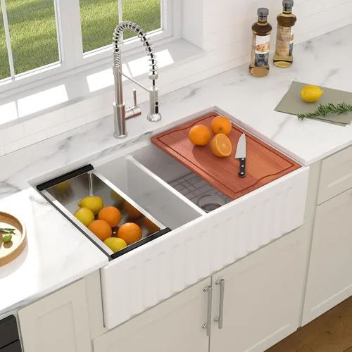 Vista 11 de Dcolora Fregadero de porcelana de cerámica negra de 33 pulgadas, fregadero de cocina frontal con delantal de arcilla refractaria con accesorios