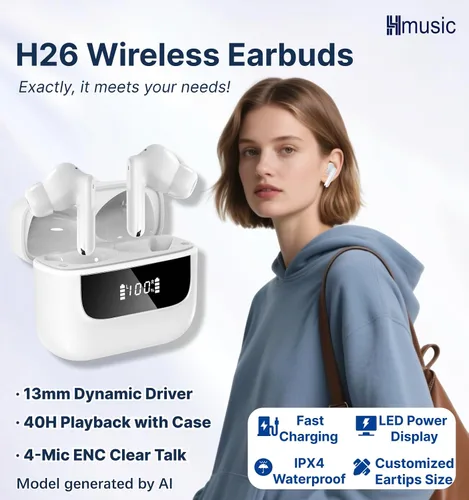 Vista 2 de Hmusic Auriculares inalámbricos H26 TWS, 4 micrófonos ENC intrauditivos Bluetooth 5.4, controladores de 0.512 in, pantalla LED de reproducción de 40
