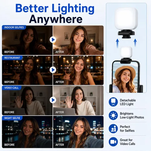 Vista 4 de Acuvar Trípode para selfie stick con control remoto Bluetooth y luz de relleno LED, soporte extensible de 28 pulgadas para iPhone, Samsung