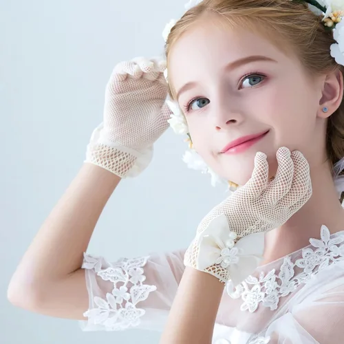 Vista 3 de Guantes blancos para primera comunión, princesa, fiesta de té para niñas de 3 a 12 años