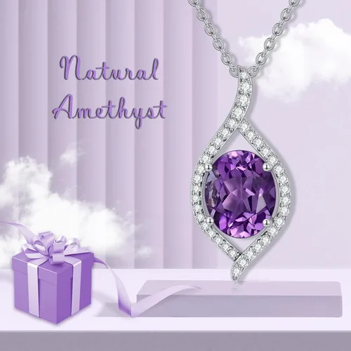 Vista 6 de Natural Amethyst Necklace 925 Sterling Silver Authentic Gemstone Purple February Birthstone Pendant Jewelry Gift for Women Girls