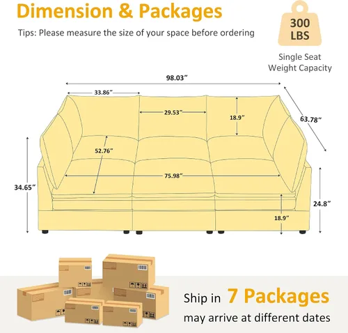 Vista 2 de VANOMi Sofá modular Cloud de 98 pulgadas para sala de estar, sofá cama moderno de gran tamaño con asiento profundo, otomana de cojín grueso de doble