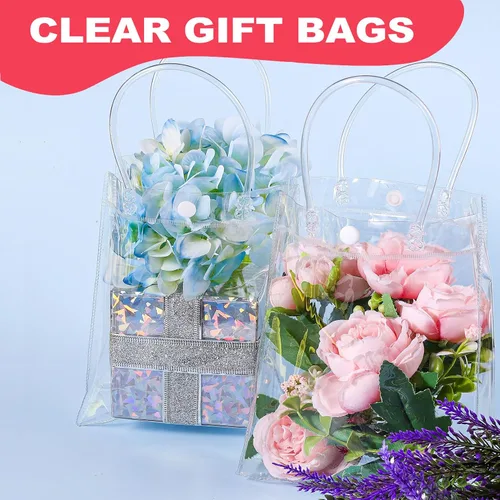 Vista 3 de Dyrfolm 24 bolsas de plástico transparente con asa, reutilizables de plástico transparente para regalo, para fiestas, compras, bodas