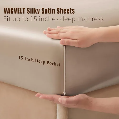 Vista 4 de VACVELT Juego de 3 sábanas de satén color beige tamaño individual, juego de ropa de cama, sábana bajera de satén sedoso con bolsillo profundo de 15
