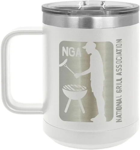 Vista 19 de National Grill Association Taza de café negra de 15 oz con tapa deslizante Taza de café de viaje aislada Idea de regalo para barbacoa y parrilla