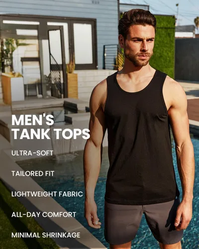 Vista 3 de INTO THE AM Camisetas básicas sin mangas para hombre, lisas, mínimas, para ejercicio de playa, uso casual, tallas S a 2XL