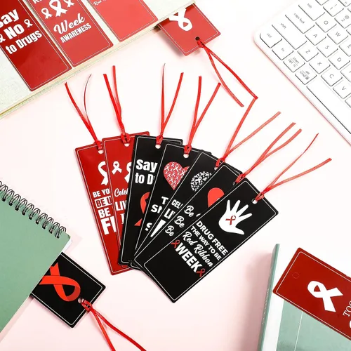 Vista 4 de Qilery 120 marcapáginas de cinta roja sin drogas de la semana de cinta roja, marcadores de concientización de la semana de la semana de la cinta