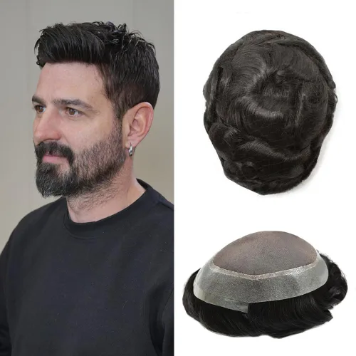 Vista 44 de Toupee para hombres Piezas de pelo fino mono para hombre Toupee sistema de reemplazo de pelo para hombres línea capilar natural para hombre postizo