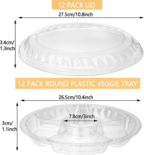 Vista 2 de Paquete de 12 bandejas redondas de plástico para verduras con tapa, bandeja de frutas, contenedor de 6 compartimentos divididos, bandeja para servir