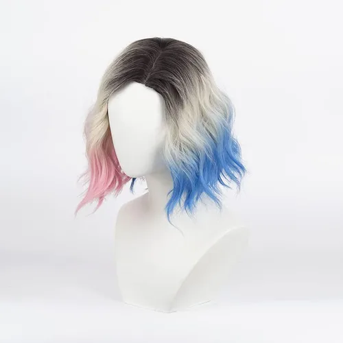 Vista 3 de Enid Sinclair Pelucas onduladas mujeres rosa y azul negro superior rizado corto partido Cosplay pelucas sintéticas niñas peinado vestido pelo