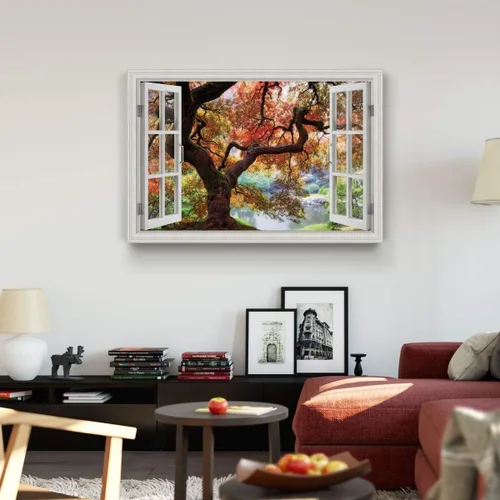 Vista 3 de Renditions Gallery Lienzo de arte de la naturaleza, vista de ventana, imágenes de árbol de bosque naranja y verde sobre un lago, impresiones