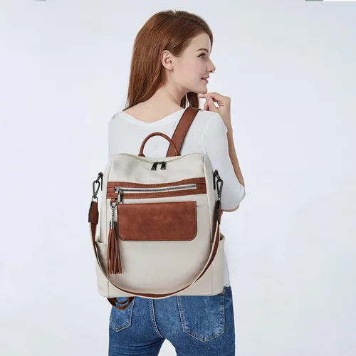 Vista 2 de Mochila de cuero para mujer bolso de hombro convertible de moda para mujer, impermeable, antirrobo con pulsera, M