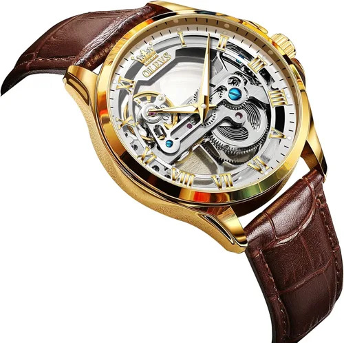 Vista 7 de OLEVS Relojes mecánicos automáticos para hombre, reloj esqueleto, impermeable, correa de cuero marrón, negro, oro rosa, relojes de pulsera