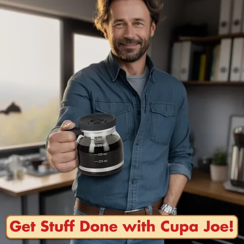 Vista 4 de Taza de café Cupa Joe – Taza de comedor de vidrio borosilicato de 20 onzas con tapa a prueba de derrames – Divertido regalo novedoso