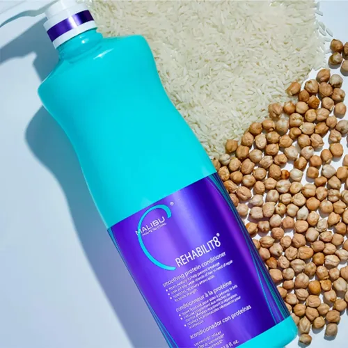 Vista 2 de Malibu C REHABILIT8 - Acondicionador de proteínas suavizantes (1 paquete) – Repone la proteína capilar y los aminoácidos para evitar la rotura