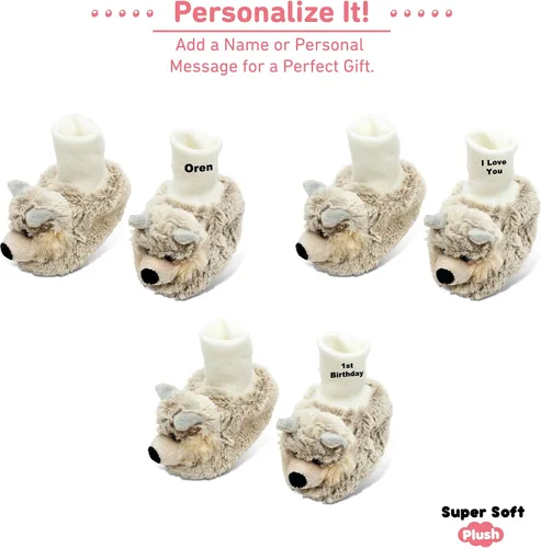 Vista 2 de DolliBu - Zapatos de bebé de felpa suave de lobo gris Suave y esponjoso forro polar unisex con lobo de peluche para bebé niño o niña Pantuflas