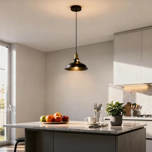 Vista 6 de Lámpara colgante, lámpara colgante industrial de granja con pantalla de metal, iluminación colgante de techo negro y dorado para isla de cocina