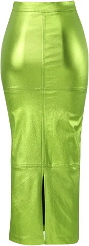 Vista 7 de Daygeve Falda larga de piel sintética para mujer, cintura alta, metálica, brillante, entallado, a la cadera, maxifaldas, falda tubo sexy, ropa
