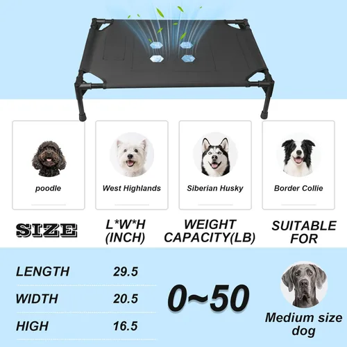 Vista 6 de Cama elevada para perros con 4 módulos de refrigeración, cubierta de PVC, base antideslizante y marco de acero inoxidable para perros, gatos