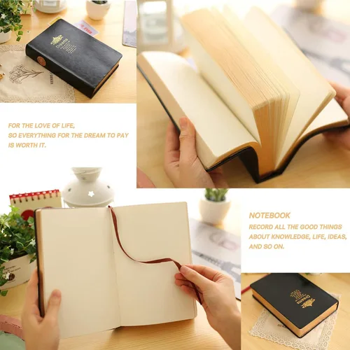 Vista 6 de Diario grueso, papel en blanco de calidad superior, con borde dorado, cuaderno de tapa dura con cubierta negra suave de piel sintética, de 416