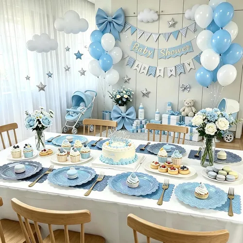 Vista 7 de Blue Iridescent Plates and Napkins Set for Birthday Baby Shower,40 Guests Disposable Light Blue Holographic Tableware Include 9" Gradient