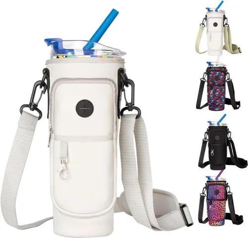 Vista 6 de Soporte para botella de agua con correa para vaso Stanley de 40 onzas con asa, bolsa para botella de agua con bolsillo para teléfono, bolsillo