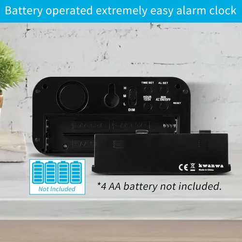 Vista 4 de KWANWA Reloj despertador para niños, LED blanco, batería, modo nocturno automático, 12 horas/24 horas, pequeño, viajes, mesita de noche, montaje