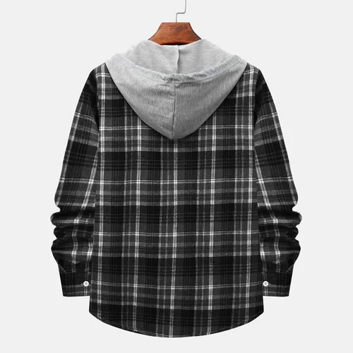 Vista 3 de Camisas de algodón a cuadros para hombre, chaqueta de franela con forro polar para hombre, camisa a cuadros de moda, hip hop, cárdigan con capucha