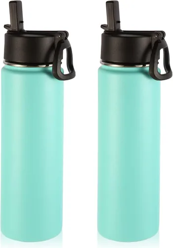 Vista 10 de Volhoply Botellas de agua aisladas de 22 onzas con tapa con popote, botella deportiva de acero inoxidable con asa, vasos de agua de viaje de metal