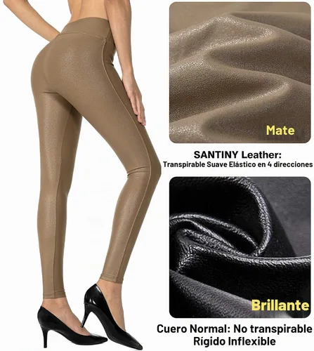 Vista 4 de SANTINY - Pantalones de cuero sintético de 25.5"/27" para mujer, leggings elásticos de cintura alta para mujer Beech Wood