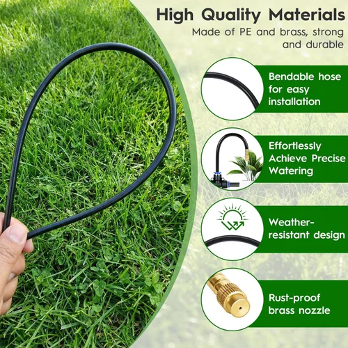 Vista 5 de Kit de sistema de riego por goteo ajustable de 360° de 100 pies, tubo de polietileno de 1/4 de pulgada con 20 boquillas flexibles, sistema