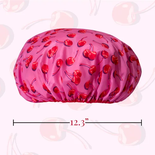 Vista 4 de Betty Dain Gorro de baño y ducha reutilizable, gorro de ducha impermeable de gran tamaño para todas las longitudes de cabello, forro de PEVA Cereza