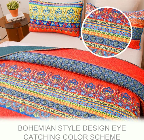 Vista 3 de Exclusivo Mezcla Colchas reversibles bohemias, tamaño individual, cubrecamas suaves azules, colcha ligera para todas las estaciones, juego de ropa