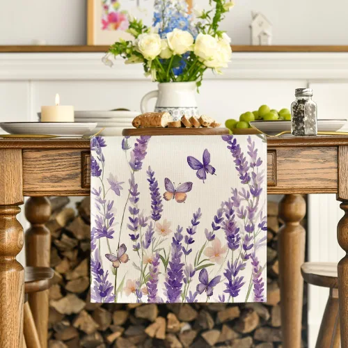 Vista 2 de Artoid Mode Camino de mesa de primavera con mariposas florales de lavanda morada, decoración de mesa de comedor de cocina de verano de temporada
