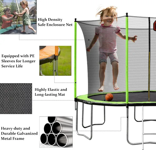 Vista 2 de Olela Trampolín de 16 pies para niños, trampolín con caja de seguridad, aro de baloncesto y escalera, trampolín al aire libre para niños y adultos