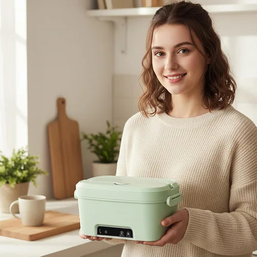 Vista 6 de Fiambrera eléctrica inalámbrica, lonchera calentada de 1.5 L con batería de 7800 mAh, calentador de alimentos portátil verde para oficina