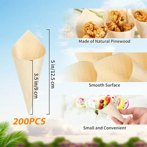 Vista 2 de 400 piezas desechables de madera conos de perlas, palillos de bambú para aperitivos, palillos de madera para alimentos, soporte para cono de helado