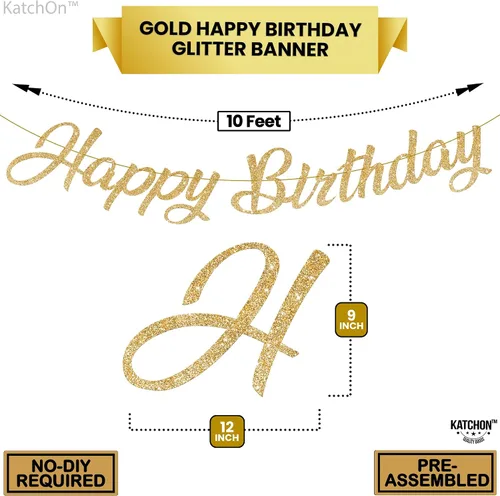 Vista 4 de KatchOn, Cartel de feliz cumpleaños dorado con purpurina – 10 pies, pre-encordado Letrero dorado de feliz cumpleaños para decoraciones doradas