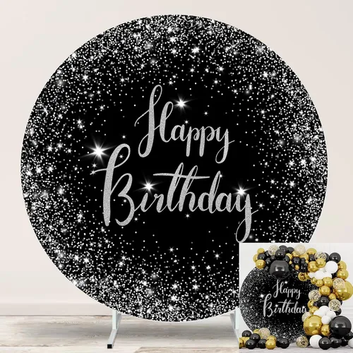 Vista 14 de Cartel de feliz cumpleaños dorado de 6.5 pies, cubierta de fondo circular blanco con 4 clips, telón de fondo redondo para fotografía, cartel dorado