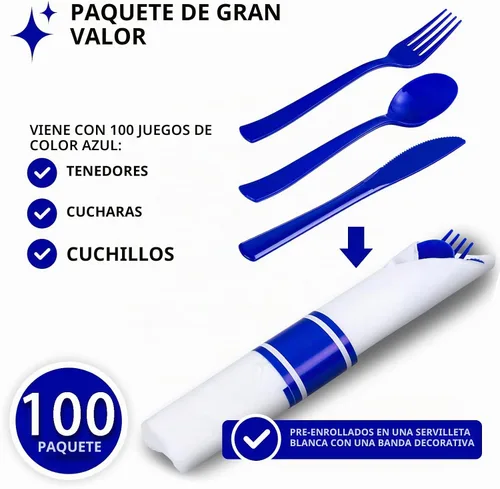 Vista 2 de Juego de 400 cubiertos de plástico azul preenrollados, cubiertos azules resistentes, incluye 100 utensilios desechables envueltos con servilletas