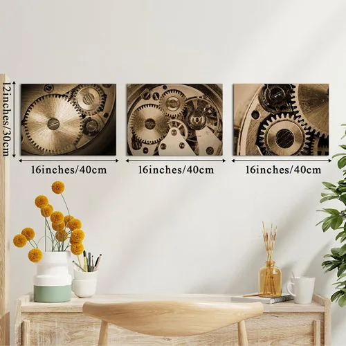 Vista 2 de LyerArtork 3 piezas de arte de pared con motores industriales steampunk, impresiones en lienzo con ruedas de engranajes retro sepia, obras de arte