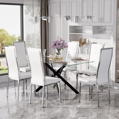 Vista 43 de Juego de mesa de comedor de cristal dorado moderno de 63 pulgadas para 6, juego de mesa de cocina rectangular de 7 piezas con patas de acero Negro