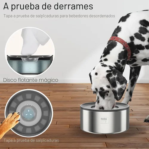 Vista 4 de Feedoo Cuenco de agua antiderrames para perros, de acero inoxidable de doble pared con tapa a prueba de salpicaduras y disco flotante, base Gris