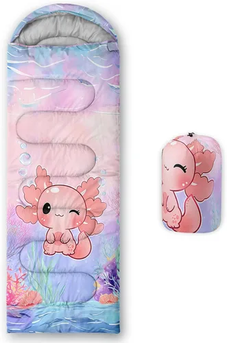 Vista 12 de QOOMO Axolotl - Lindos sacos de dormir para campamento, 3 estaciones, clima cálido y fresco, ligeros, impermeables, para adultos y niños, viajes